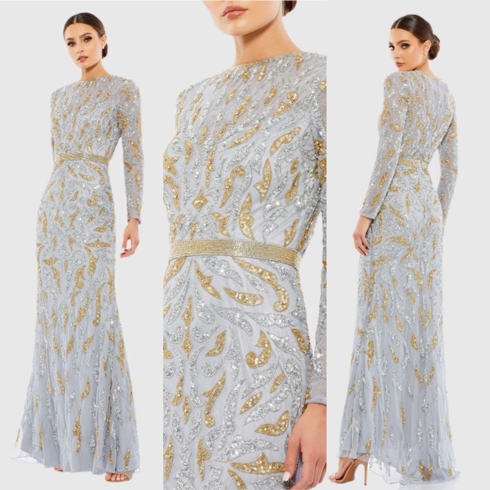 Mac Duggal Beaded Long Sleeve High Neck Evening Gown‎ Size 16 Platinum 5124 New